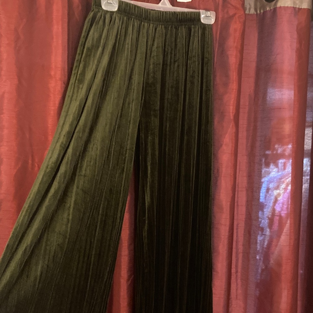 Olive Green Velvet Wide-Leg Pants